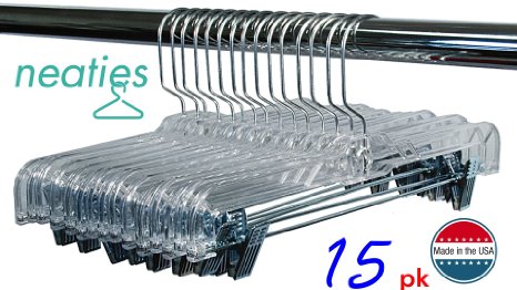 [15pk] Best Skirt and Slack Hangers, Made in the USA Classic Clear High Impact and Long Lasting Crystal Hangers, Set of 15