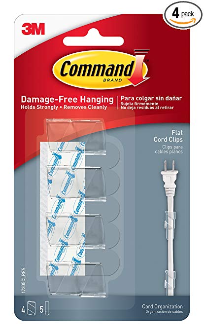 Command Cord Clips, Flat, Clear, 4-Clip, 4-Pack (16 Clips Total)