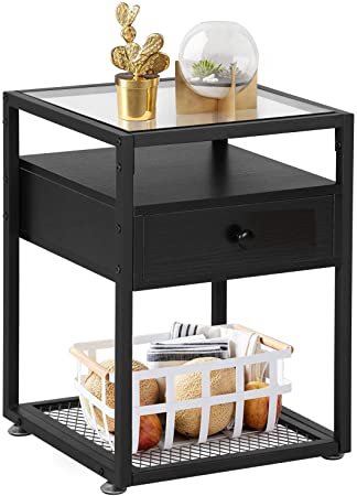 VECELO Nightstand Industrial Style End Side Table Cabinet with Drawer and Shelf Decoration in Living Room Bedroom Lounge, 15.7"X15.7"X21.7", Black