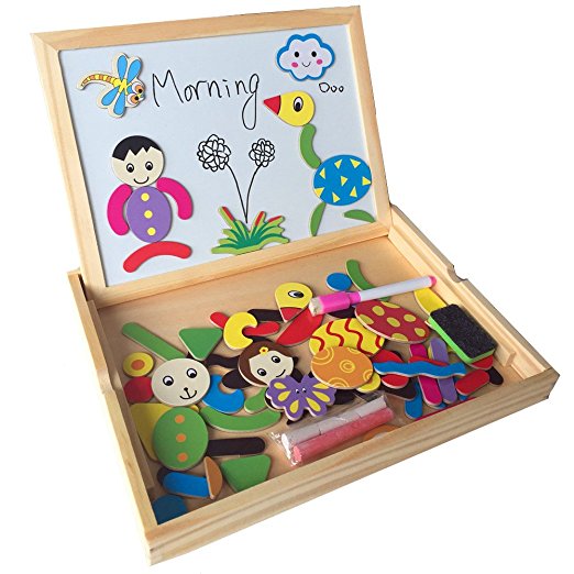 Fajiabao Wooden Double Side Drawing Writing Board Magnetic Puzzle Game Toy Set for Boys Girls