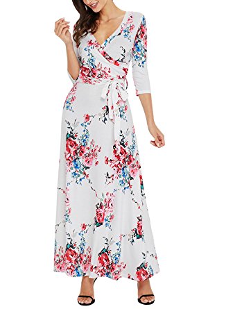 Dokotoo Womens 3 4 Sleeve Faux Wrap V Neck Floral Print Maxi Long Dresses with Belt (6 Floral Pattern)