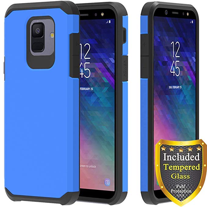 Galaxy A6 Case, Full Cover Tempered Glass Screen Protector, ATUS Hybrid Dual Layer Protective TPU Case for Samsung Galaxy A6 2018 (Black/Blue)
