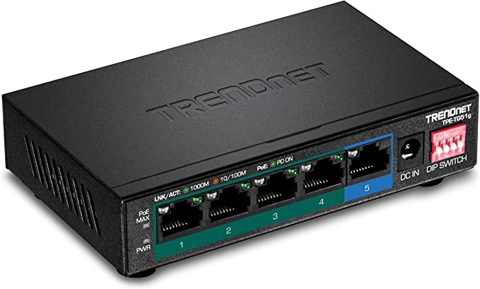 TRENDnet 5-Port Gigabit PoE  Switch, Camera DIP Switch extends PoE  200m (656 ft.), 60W PoE Budget, Black, TPE-TG51g