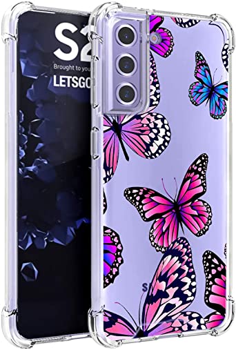 LSL Samsung Galaxy S21 Plus Case Clear Butterflies Floral Cute Design Pattern Hard PC Shockproof Protection Full Body Protection Wireless Charging Cover for Galaxy S21 Plus 6.7 Inch