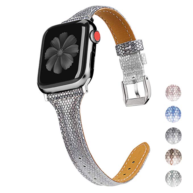 Wearlizer Leather Compatible with Apple Watch Bands' 42mm 44mm for iWatch Womens Gradient Glitter Smooth Thin Shiny Wristband Feminine Bling Strap, Series 5 4 3 2 1 Sport Edition-Space Gray Silver
