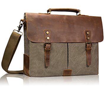 Estarer Canvas Leather Messenger Shoulder Bag for 15.6inch Laptop-Army green 1