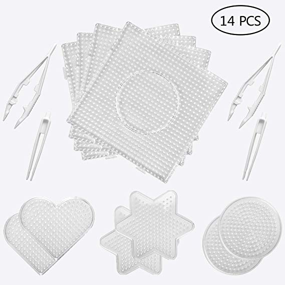Fuse Beads Boards Clear Plastic Pegboards Fuse Beads Pegboards with 4 Pieces Tweezers for 5 mm Beads, 10 Pieces (4 Shapes)