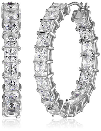 Platinum or Gold-Plated Sterling Silver Princess-Cut Swarovski Zirconia Hoop Earrings