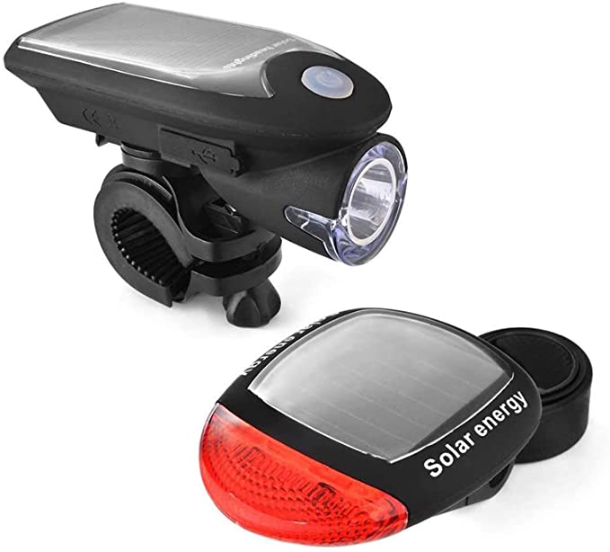 Picache Solar Bike Light Set, USB Rechargeable Front Light Bicycle Waterproof Solar Headlight and Solar Bike Taillight, Front Light and Rear Light with 2 Mounting Brackets