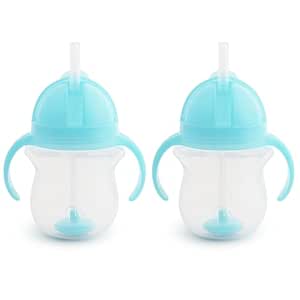 Munchkin Any Angle Sippy Cup for Toddlers, Weighted Straw Trainer Cup with Click Lock Lid, 7 Ounce, 2 Pack, Blue