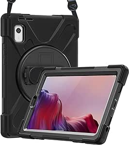 ProCase for Lenovo Tab M9 Case 9 Inch 2023, Heavy Duty Shockproof Rugged Protective Cover Rotating Kickstand with Handle Holder Shoulder Strap for Lenovo TB-310FU Tablet –Black