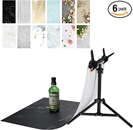 BEIYANG 6PCS 12 Patterns Flat Lay backdrops with Stand for Food Photography 22x34in Waterproof Reusable Brick Marble Flat Lay Props