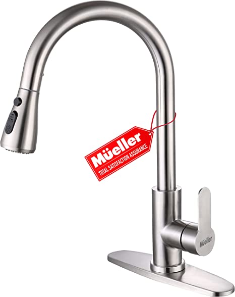 Mueller Kitchen Sink Faucet, Single Handle Stainless Steel Kitchen Faucets, Single Lever, Pull-Out Sprayer Head, High Arc, Stream Flow, Kitchen Faucet with Sprayer and Deck Plate Brushed Nickel Finish