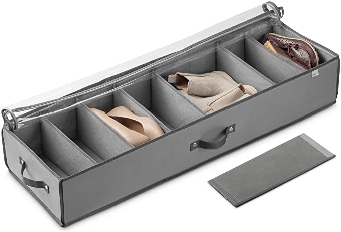 Under Bed Shoe Storage Organizer (8 Pairs) Under Bed Storage for Shoes, Customizable Slots for Boots, Clothes Blanket/Comforter Underbed Shoe Storage Containers with Handles, Dual Zipper Clear Window