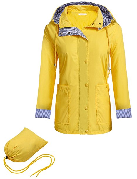 Beyove Women Striped Hooded Packable Outdoor Waterproof Lightweight Rain Coat