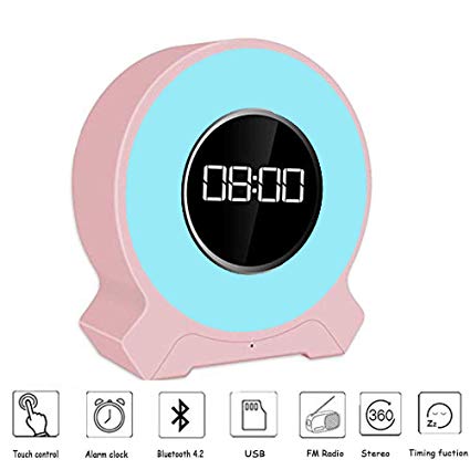 Aisuo Radio Alarm Clock - Night Light with Bluetooth 4.2 Speaker, Dimmable Function, Rechargeable Lithium Battery, SD Card & Aux Line Supported, Ideal Gift for Kids, Children, Friends.