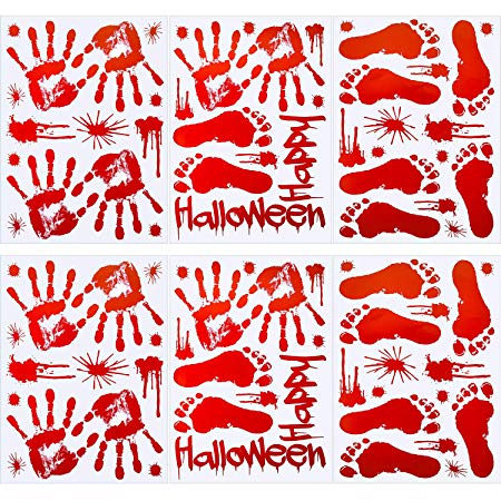 Tatuo 82 Pieces Bloody Handprints Footprints Window Floor Wall Clings Decals Stickers Supplies for Halloween Vampire Zombie Party