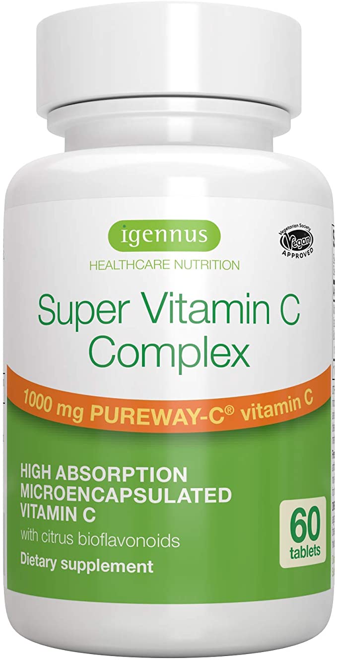 Super Vitamin C Complex, 1000mg High Absorption Vitamin C with Bioflavonoids, Featuring 24-Hour Action Pureway-C Technology, Immune Health, Energy, Heart & Brain, Vegan, 60 Servings, by Igennus