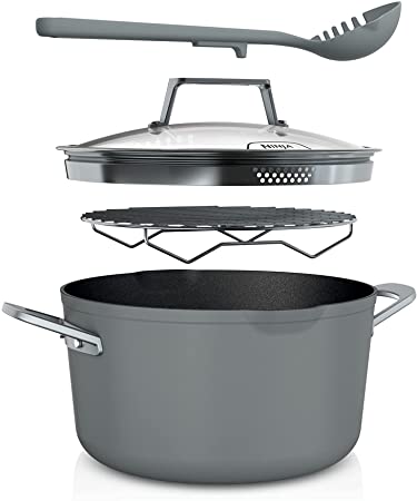 Ninja CW202GY Foodi NeverStick PossiblePot, Premium Set with 7-Quart Capacity Pot, Roasting Rack, Glass Lid & Integrated Spoon, Nonstick, Durable & Oven Safe to 500°F, Sea Salt Grey