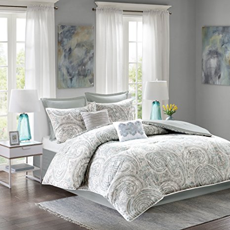 Comfort Spaces - Kashmir Comforter Set - 8 Piece - Paisley Pattern - Blue, Grey - King Size, includes 1 Comforter, 2 Shams, 1 Bedskirt, 2 Euro Shams, 2 Décorative Pillows