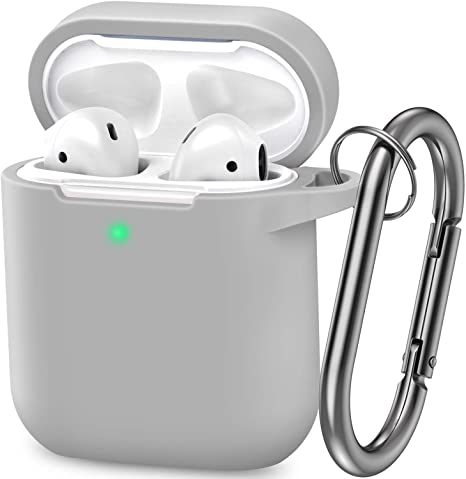 AirPods Case, Silicone Cover with U Shape Carabiner,360°Protective,Dust-Proof,Super Skin Silicone Compatible with Apple AirPods 1st/2nd (Gray)