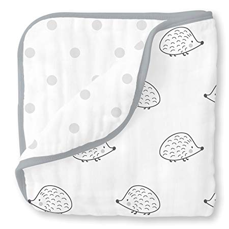 SwaddleDesigns 4-Layer Cotton Muslin Luxe Blanket, Cuddle and Dream, Black Hedgehog and Dots
