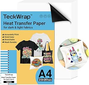 TECKWRAP Printable Heat Transfer Paper for T-Shirts 15 Sheets, 8.3" X 11.7" Printable Heat Transfer Vinyl for Inkjet Printer, Iron on Transfer Paper for Light and Dark Fabric (Matte White)