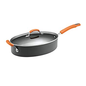 Rachael Ray Hard-Anodized  Nonstick 5-Quart Covered Oval Sauté Pan, Gray with Orange Helper Handles