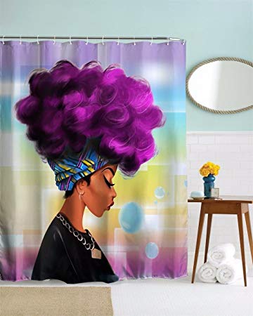 HENSE Afro Sexy Lady Purple Hair African Girl Shower Curtains Mildew Resistant Waterroof Anti-Bacterial Polyester Fabric Shower Curtain - Eco-Friendly No Odor Bathroom Set Free Hooks150x180 cm(HYC26)
