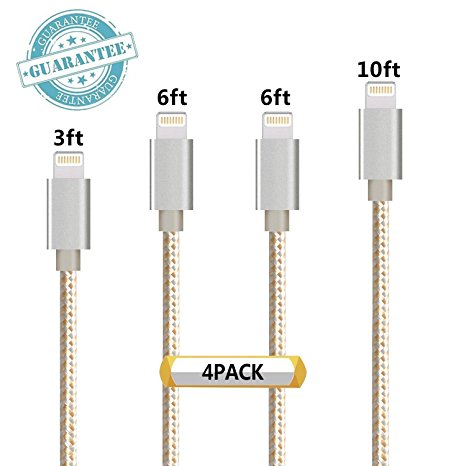 DANTENG Lightning Cable, 4Pack 3FT 6FT 6FT 10FT Extra Long Nylon Braided Charging Cord Certified To USB iPhone Charger For iPhone 7,5,5S,6,6S,6 Plus,iPad Air,Mini,iPod (GoldSilver)
