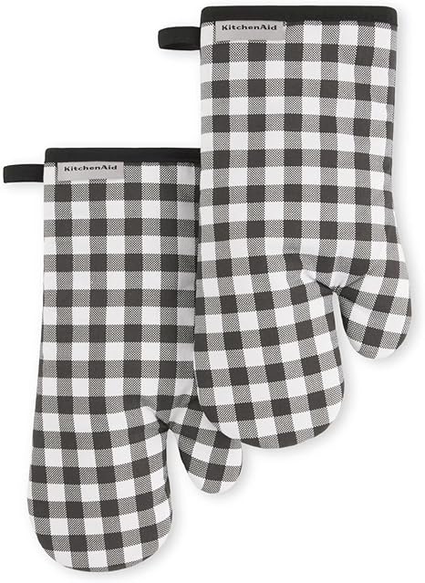 KitchenAid Gingham Oven Mitt 2-Pack Set, Onyx Black, 7"x13"