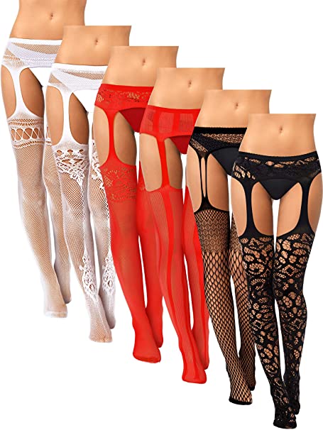 6 Pairs Women Fishnet Thigh-High Stockings Tights Suspender Pantyhose Stockings for Valentine's Day