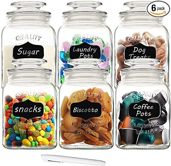 Daitouge Glass Cookie Jars with Lids, Apothecary Jars With Retro Design w & Extra Blank Labels & Chalkboard Pen, Pack of 6