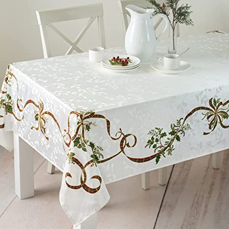 Benson Mills Merry Ribbons Engineered Printed Jacquard Fabric Tablecloth for Christmas, Winter, and Holiday (60" x 120" Rectangular)