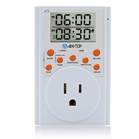 Timer Switch Outlet, ADDTOP Programmable Multifunctional Plug-in Digital Timer Socket With 3-prong Outlet Infinite Cycle and Countdown for Appliances, Lights,Plants 15A/1800W