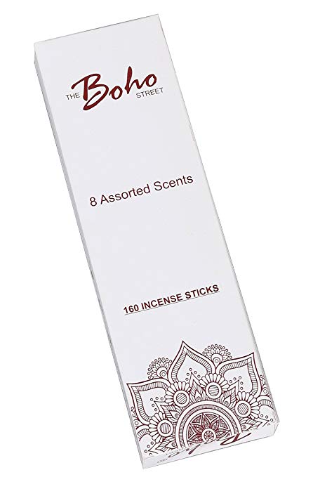 The Boho Street Premium Incense Sticks - 8 Assorted Fragrances Sandalwood, Patchouli, Nag Champa, Lavender, Rose 20 sticks each 100% Hand Rolled & Dipped in India 20 x 8 Total 160 Sticks pack (160)