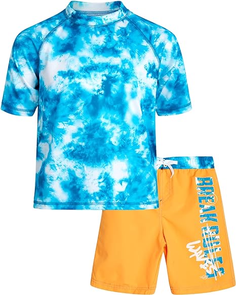 Big Chill Boys' Rash Guard Set - UPF 50  Short Sleeve Swim Shirt and Bathing Suit Trunks - Swimwear Set for Boys (4-14)