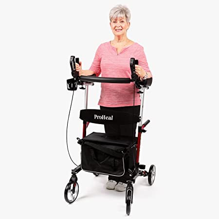 ProHeal Stand Up Walker with Seat - Tall Stand Up Rollator with Adjustable Height Handles - 19" Seat, Lightweight Easy Fold Aluminum Frame - Bonus Cup Holder, Storage Bag, and LED Light - Red