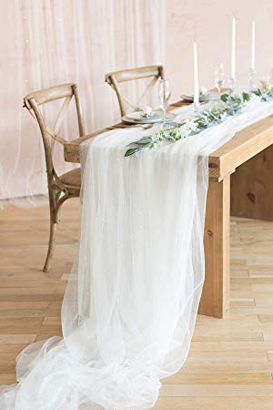 Ling's moment 30x195 inch Extra Long Tulle Table Runner for Wedding Reception Table Sweetheart Table Party Bridal Shower Decorations (Shimmer White, 16FT)
