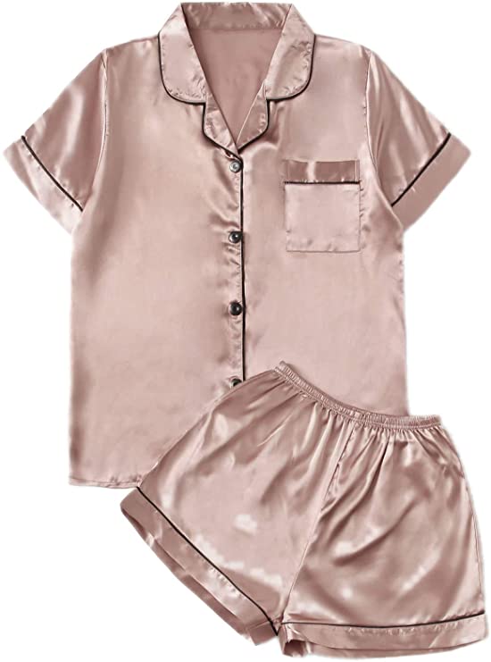 DIDK Women's Sleepwear Satin Short Sleeve Button Front 2 Piece Pajama Set