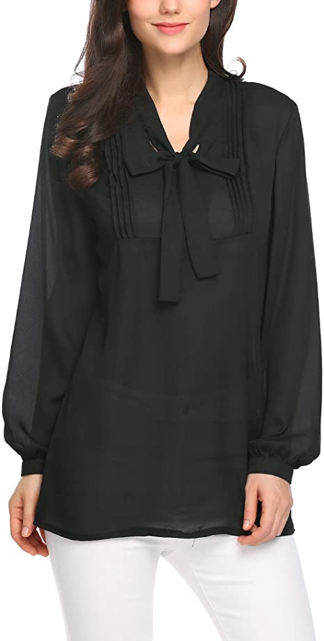 SE MIU Women's Chiffon Long Sleeve Polka Dots Office Button Down Blouse Shirt Tops