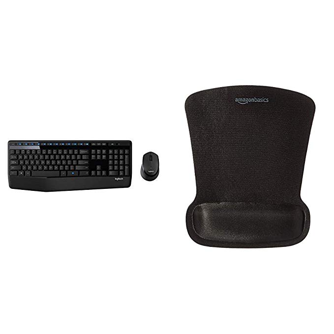 Logitech MK345 Wireless Combo â€“ Full-Sized Keyboard with Palm Rest and Comfortable Right-Handed Mouse Bundle with AmazonBasics Gel Computer Mouse Pad with Wrist Support Rest