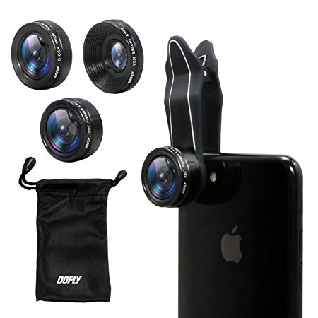 DOFLY Universal Professional HD Camera Lens Kit for iPhone 7 / 6s Plus / 6s / 5s and other devices, Cellphone (230 Degree Fisheye Lens, 0.65x Super Wide Angle Lens, 15x Super Macro Lens) (Black)