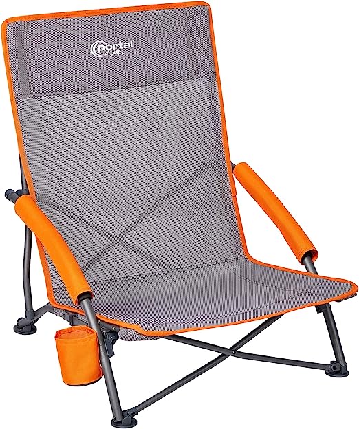 Portal Folding Beach Chairs Low Lightweight Portable for Adults Foldable Beach Seat Camping Festival Picnic Deck Chair Outdoor Collapsible with Cupholder Mesh Back Padded Armrests Supports 100KG