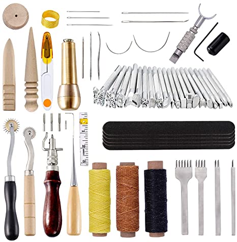 60 Pcs DIY Leather Craft Sewing Tools Set, Leather Punch Hole Hand Craft Leather Stitching Stamping Carving Working Sewing Tool, Saddle Groover Thread Awl Waxed Thimble, Leather Drilling Grinding Tool