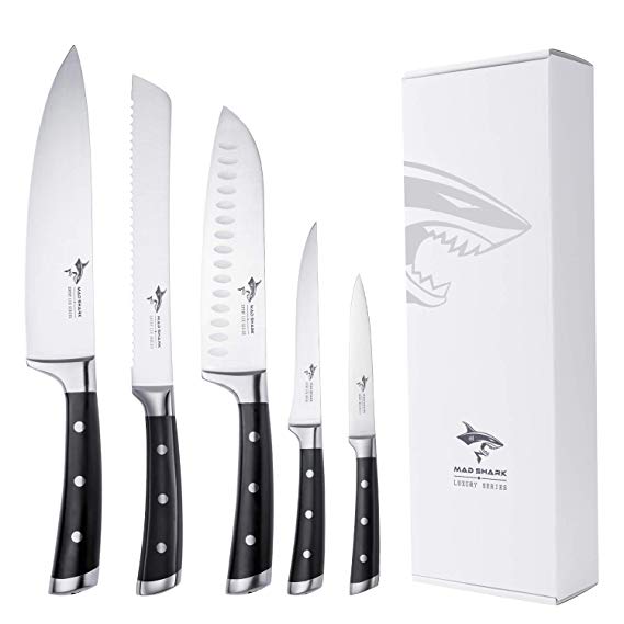 Knife Set, MAD SHARK 5-piece Kitchen Knife Set with, Best Quality German High Carbon Stainless Steel Knife, Ultra Sharp, Ergonomic Handle Home Cooking Perfect Cutlery Set Gift