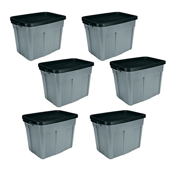 Rubbermaid Roughneck 18 Gallon Storage Tote/Bin Organizer in Gray, Built to Last Durable COnstruction with Snap-on Lid and Built-in Handles, 6-Pack