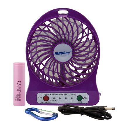 Innobay 4-inch Mini Hand Held Portable USB Fan Powered by Premium 2600mAh 18650 Lithium Rechargeable Battery, 4 Blades, 3 Speeds Wind, Powerful Air Flow (F95B Purple)