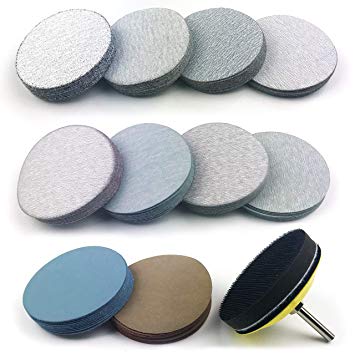 3 Inch Assorted Grits White Dry & Waterproof(wet/dry) Hook & Loop Sanding Discs with 1/4 inch Shank Sanding Pad   Soft Foam-Backed Interface Buffer Pad, Total 100 Discs