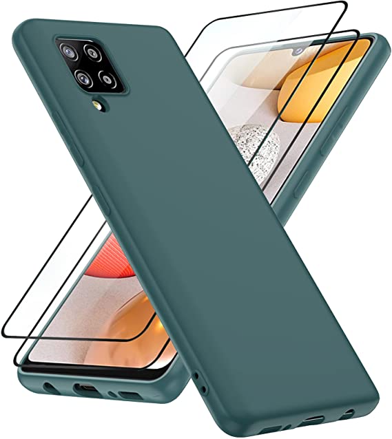 Galaxy A42 5G Case, Samsung A42 5G Phone Case with 2 Pack Tempered Glass Screen Protector for Women Men, LeYi Liquid Silicone Slim Silky-Soft Phone Case Cover for Samsung Galaxy A42 5G, Green